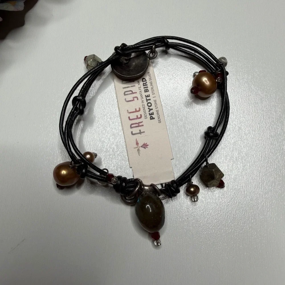 PEYOTE BIRD Free Spirit Bracelet Black Leather Sterling Silver Women's OS NEW
